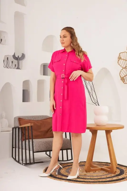 Belted and Pocket Detail Buttoned Short Sleeve Plus Size Dress Fuchsia - 4