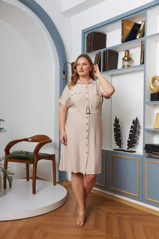 Belted and Pocket Detailed Buttoned Short Sleeve Plus Size Dress Cream - 2