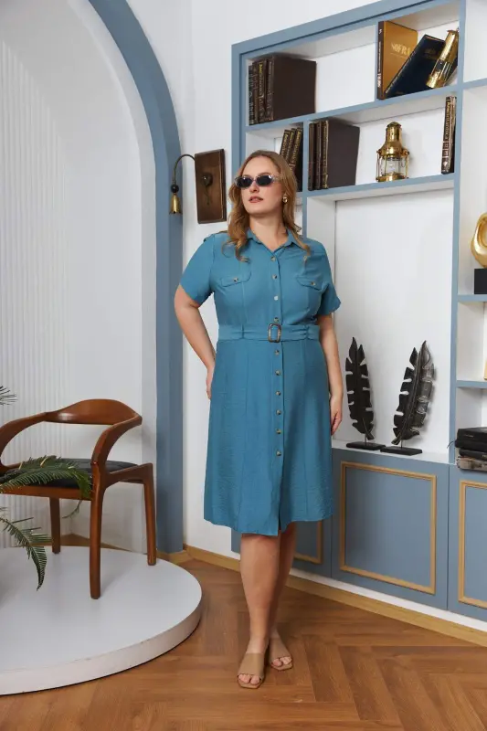 Belted and Pocket Detailed Buttoned Short Sleeve Plus Size Dress Indigo - 1
