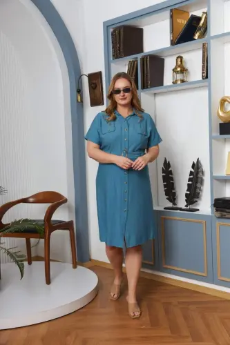 Belted and Pocket Detailed Buttoned Short Sleeve Plus Size Dress Indigo - 2