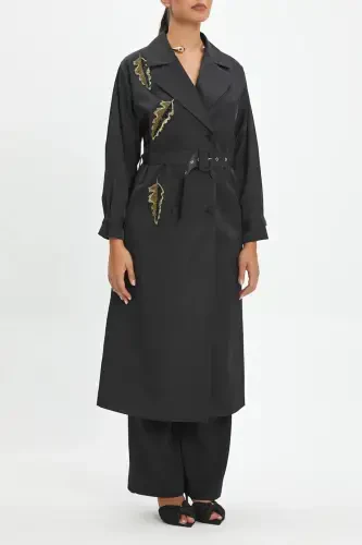 Belted Blazer Collar Leaf Pattern Embroidered Black Trench Coat 39011 - 1