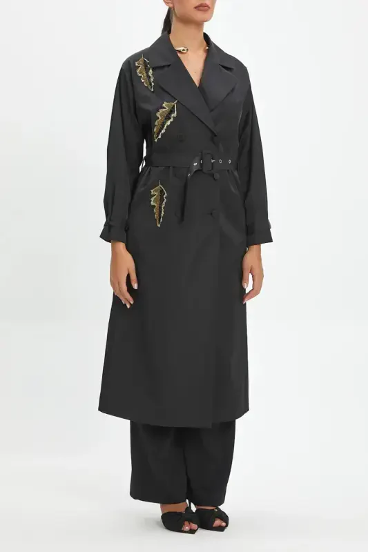 Belted Blazer Collar Leaf Pattern Embroidered Black Trench Coat 39011 - 1