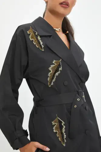 Belted Blazer Collar Leaf Pattern Embroidered Black Trench Coat 39011 - SERPIL (1)
