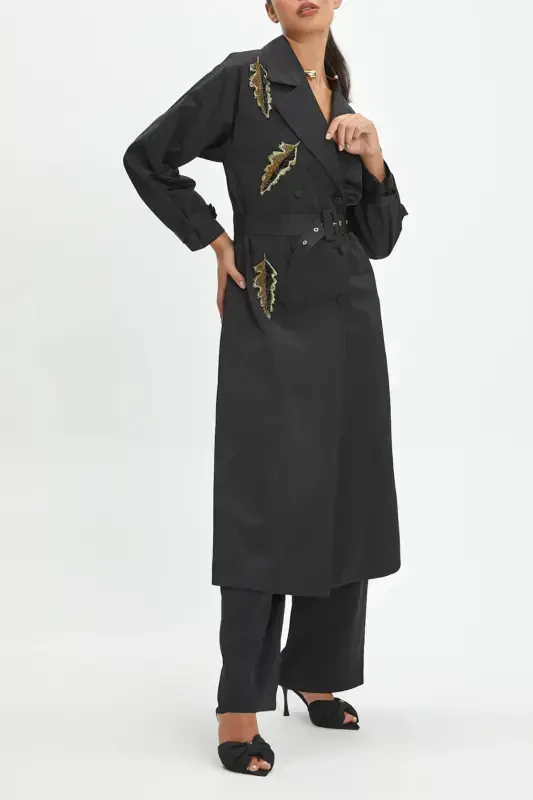 Belted Blazer Collar Leaf Pattern Embroidered Black Trench Coat 39011 - 3