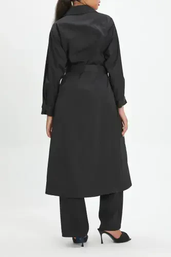 Belted Blazer Collar Leaf Pattern Embroidered Black Trench Coat 39011 - 4