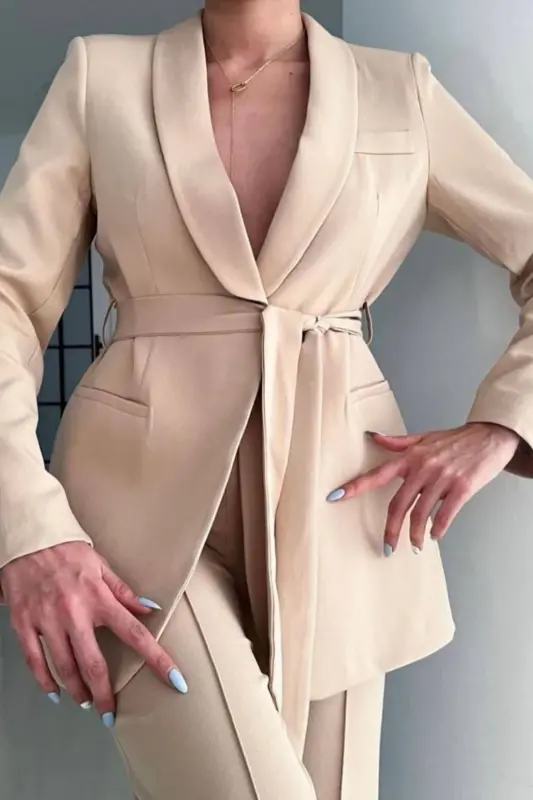 Belted Blazer Jacket Wide Leg Pants Suit-Beige - 3