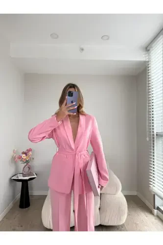 Belted Blazer Jacket Wide Leg Trousers Suit-Pink - 1