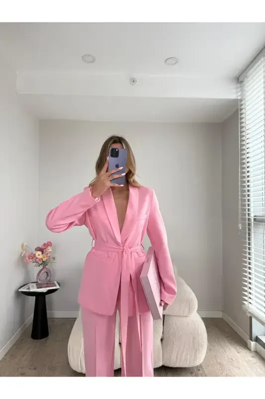 Belted Blazer Jacket Wide Leg Trousers Suit-Pink - MYGİYİMİSTANBUL