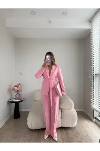 Belted Blazer Jacket Wide Leg Trousers Suit-Pink - 2