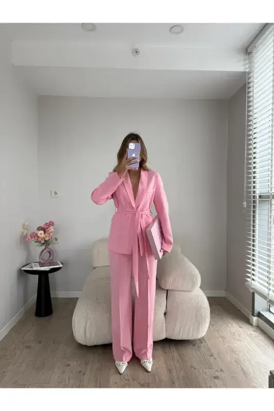 Belted Blazer Jacket Wide Leg Trousers Suit-Pink - 4