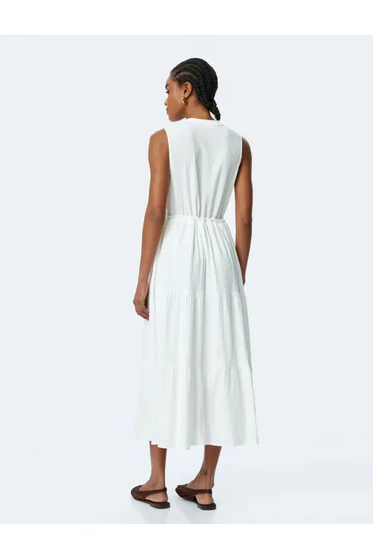 Belted Detailed Lined Mandarin Collar Sleeveless Long Viscose Dress - 4