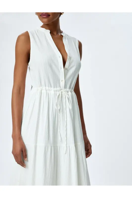 Belted Detailed Lined Mandarin Collar Sleeveless Long Viscose Dress - 5