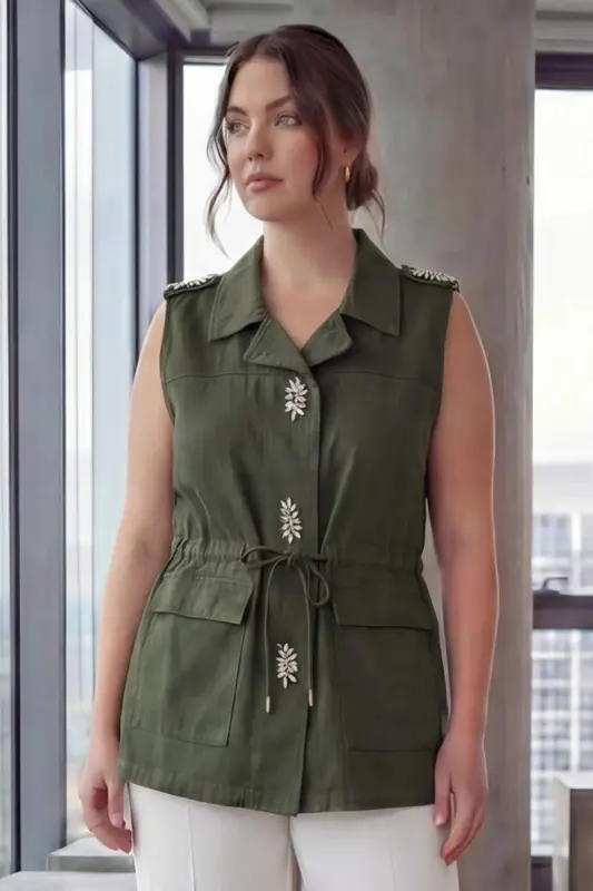 Belted Detailed Women's Plus Size Rhinestone Vest Khaki - 1
