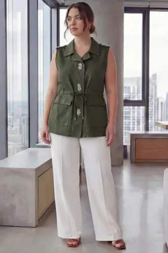 Belted Detailed Women's Plus Size Rhinestone Vest Khaki - BÜYÜKBEDENIZ (1)