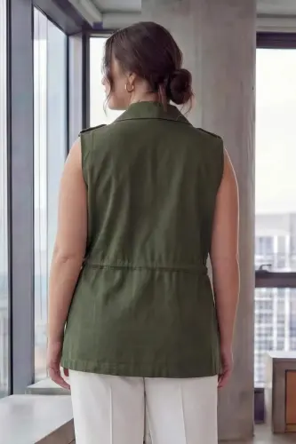 Belted Detailed Women's Plus Size Rhinestone Vest Khaki - 3