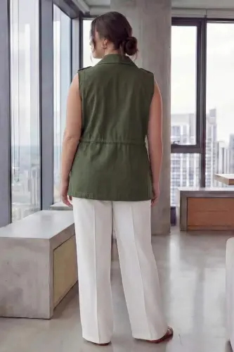 Belted Detailed Women's Plus Size Rhinestone Vest Khaki - 4