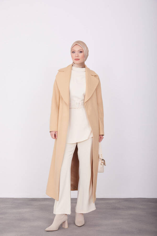 Belted Diagonal Textured Coat 23K8611 Beige - 8