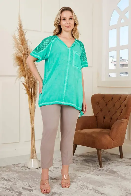 Belted Hem, Off-Shoulder, Plus Size Green Blouse - 5