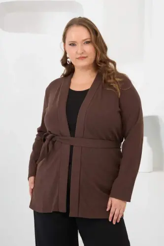 Belted Knit Plus Size Cardigan Brown - 1