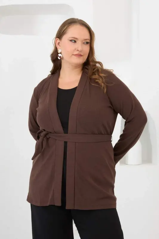 Belted Knit Plus Size Cardigan Brown - 3