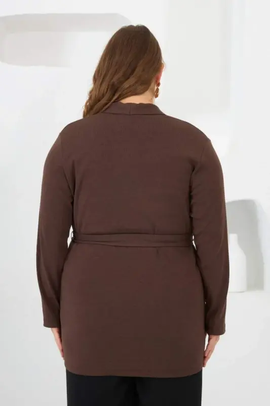 Belted Knit Plus Size Cardigan Brown - 4