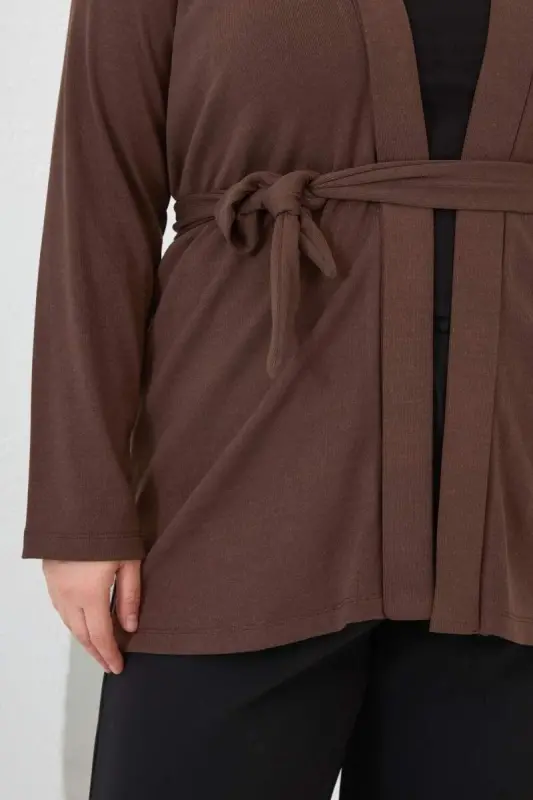 Belted Knit Plus Size Cardigan Brown - 5