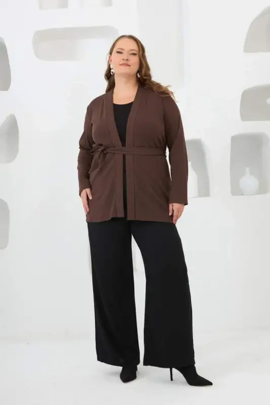 Belted Knit Plus Size Cardigan Brown - 6