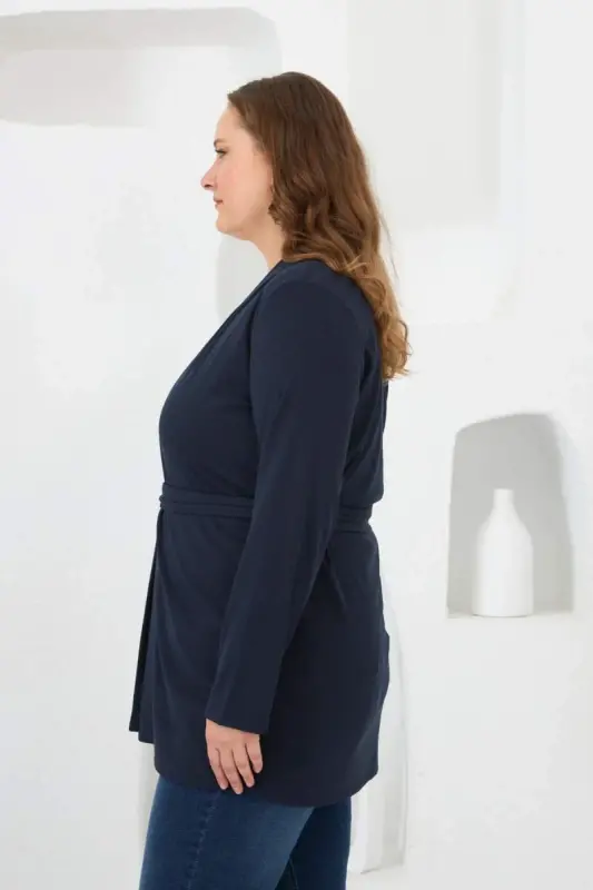 Belted Knit Plus Size Cardigan Navy Blue - 2