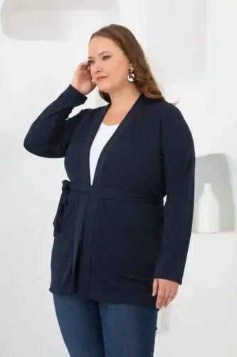 Belted Knit Plus Size Cardigan Navy Blue - 3