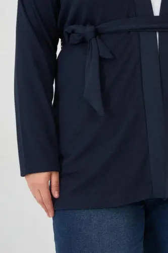 Belted Knit Plus Size Cardigan Navy Blue - 4