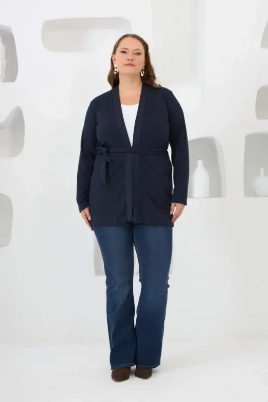 Belted Knit Plus Size Cardigan Navy Blue - 5
