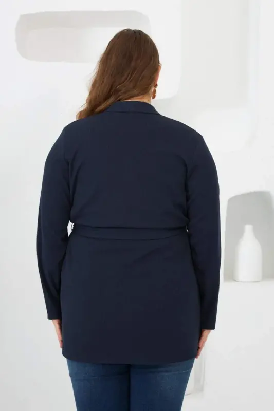 Belted Knit Plus Size Cardigan Navy Blue - 6