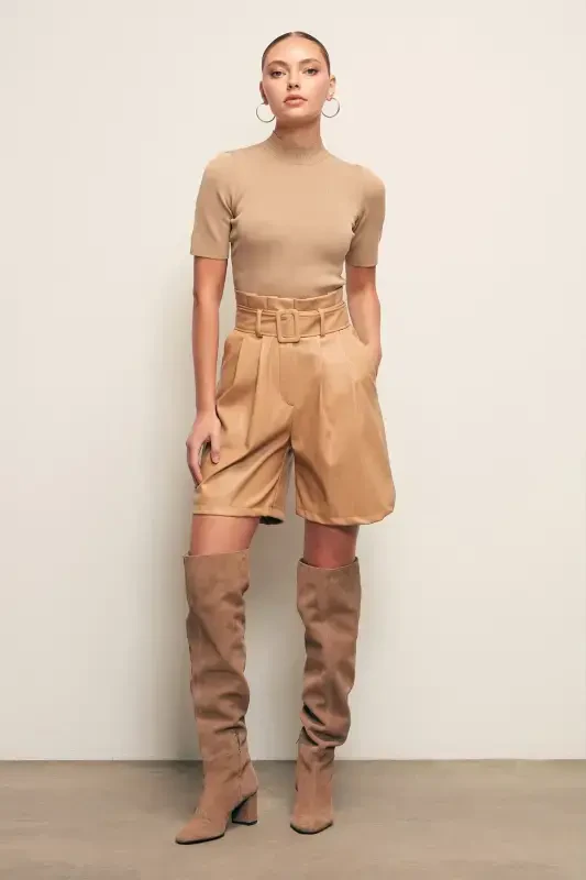 Belted Leather Shorts - Beige - 2