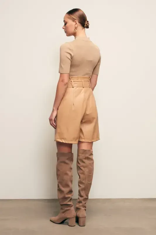 Belted Leather Shorts - Beige - 5