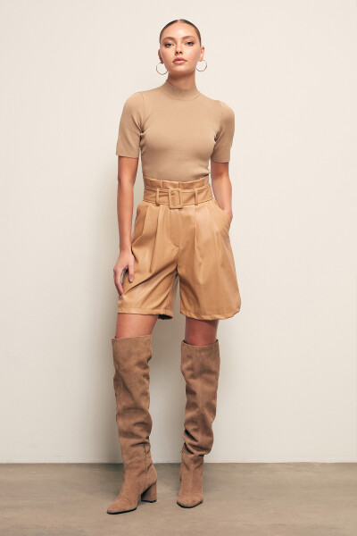 Belted Leather Shorts - Beige - 2