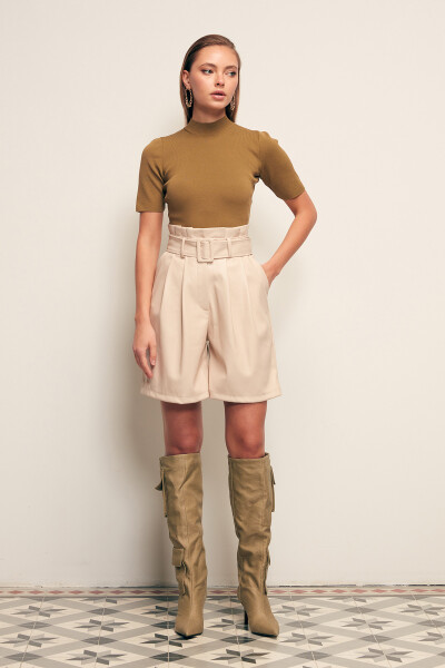 Belted Leather Shorts - STONE - 5