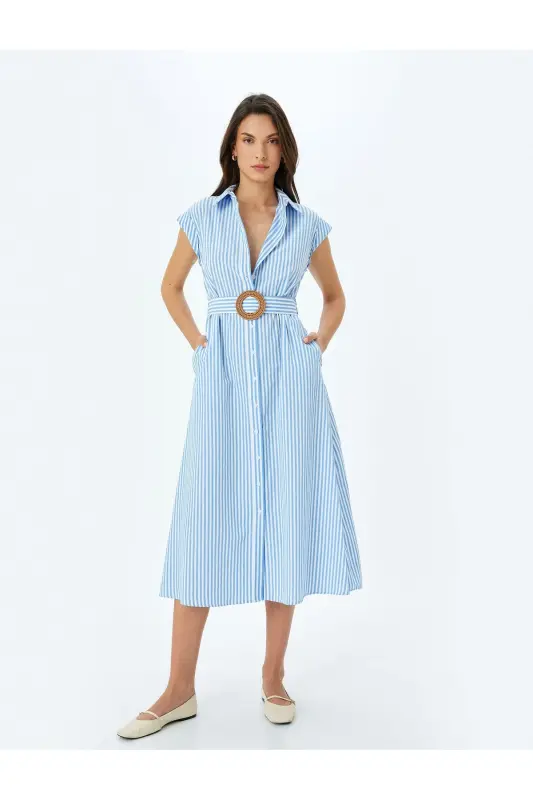 Belted Lined Striped Sleeveless Long Shirt Dress with Pockets - 1