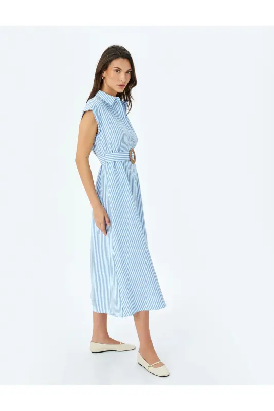Belted Lined Striped Sleeveless Long Shirt Dress with Pockets - 2