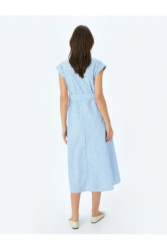 Belted Lined Striped Sleeveless Long Shirt Dress with Pockets - 4