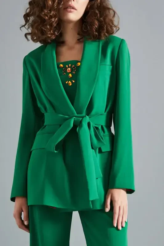 Belted Long Green Shawl Collar Jacket - SERPIL