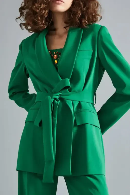 Belted Long Green Shawl Collar Jacket - 2