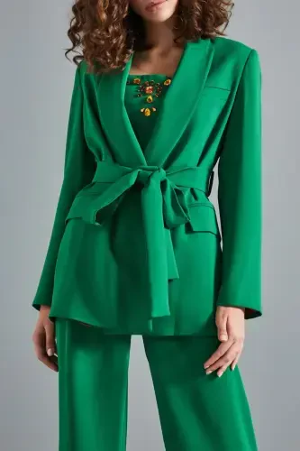 Belted Long Green Shawl Collar Jacket - 3