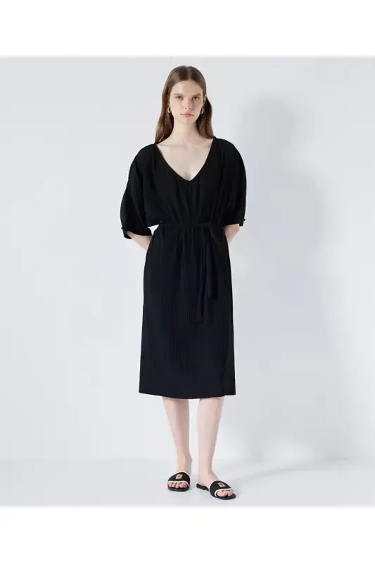 Belted midi dress - Black - 1