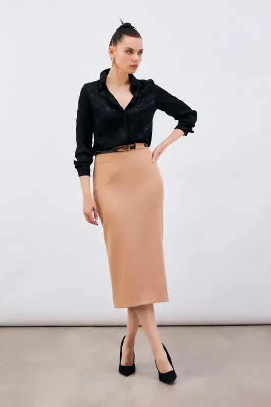 Belted Midi Pencil Skirt - Camel - SATEEN