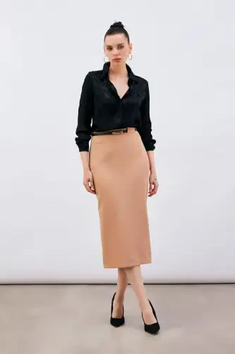 Belted Midi Pencil Skirt - Camel - SATEEN (1)