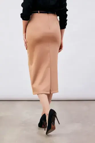 Belted Midi Pencil Skirt - Camel - 5