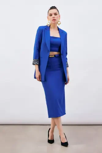 Belted Midi Pencil Skirt - Sax Blue - 1