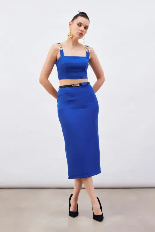 Belted Midi Pencil Skirt - Sax Blue - 2