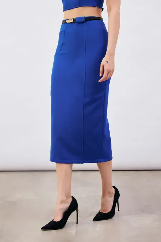 Belted Midi Pencil Skirt - Sax Blue - 4