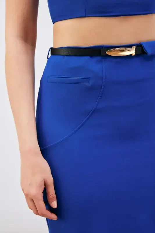 Belted Midi Pencil Skirt - Sax Blue - 5